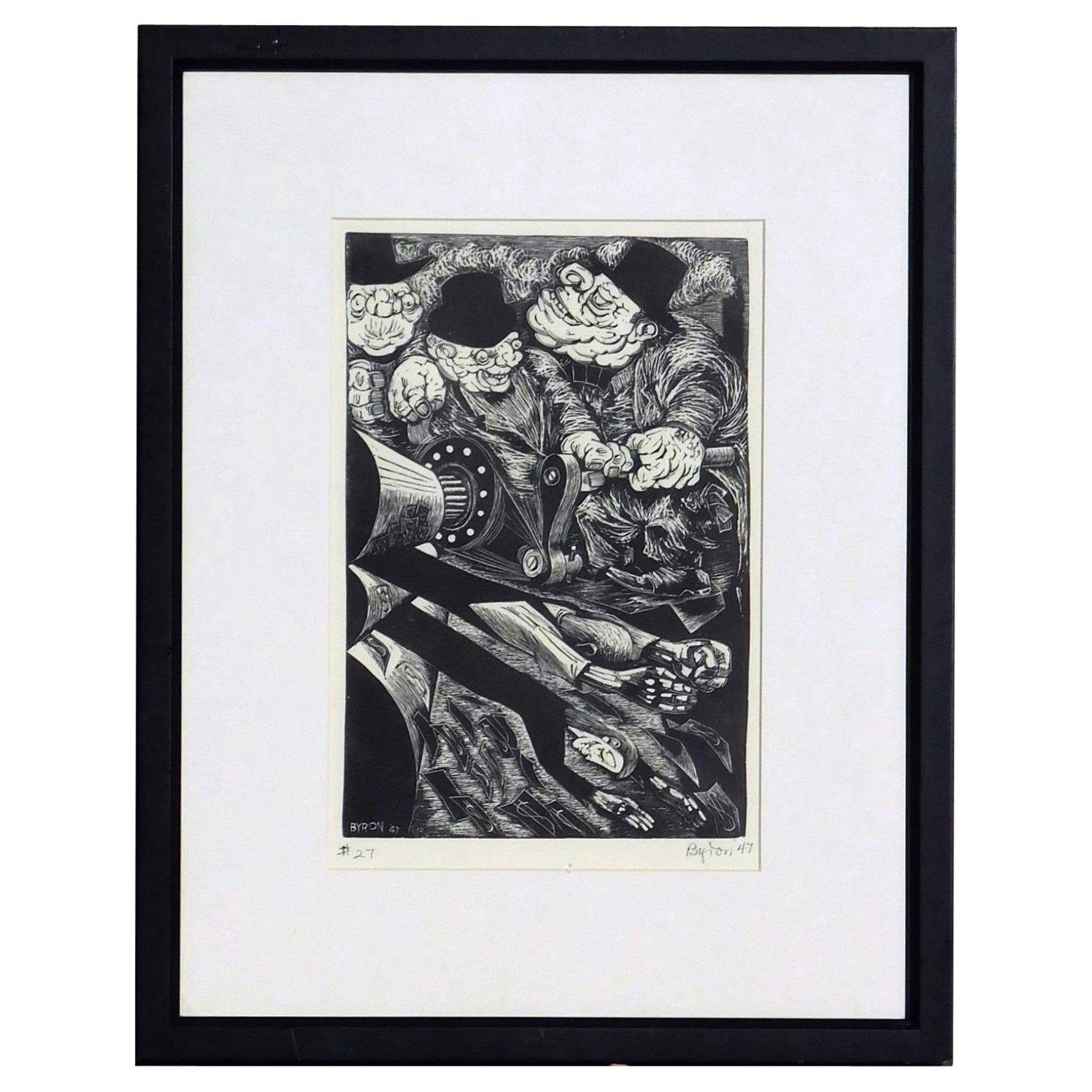 Byron Randall Original Linocut, 1947, “Diabolical Machine” For Sale