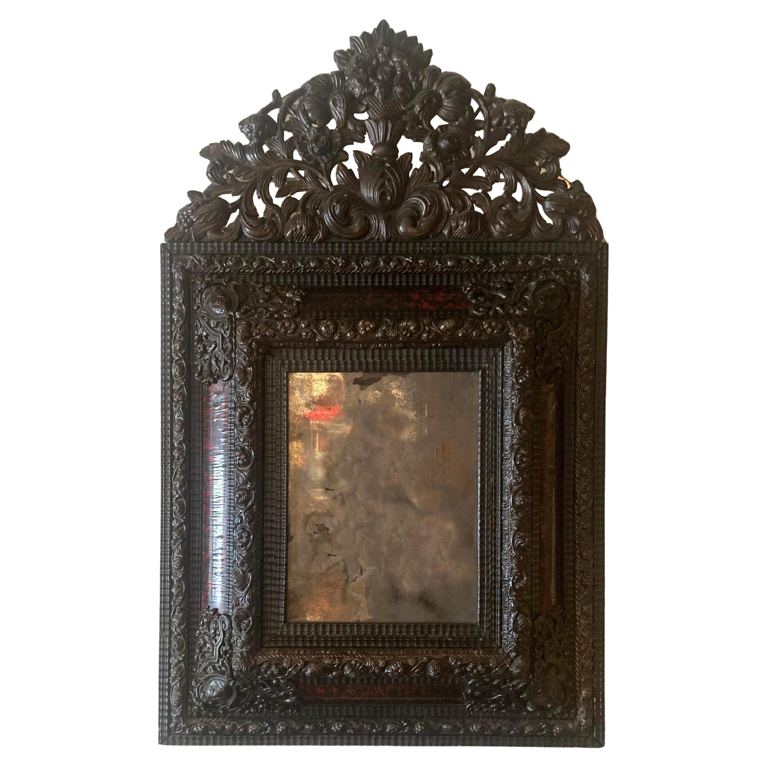 Nineteenth Century Dutch Tortoise and Brass Embossed Cushion Mirror For Sale