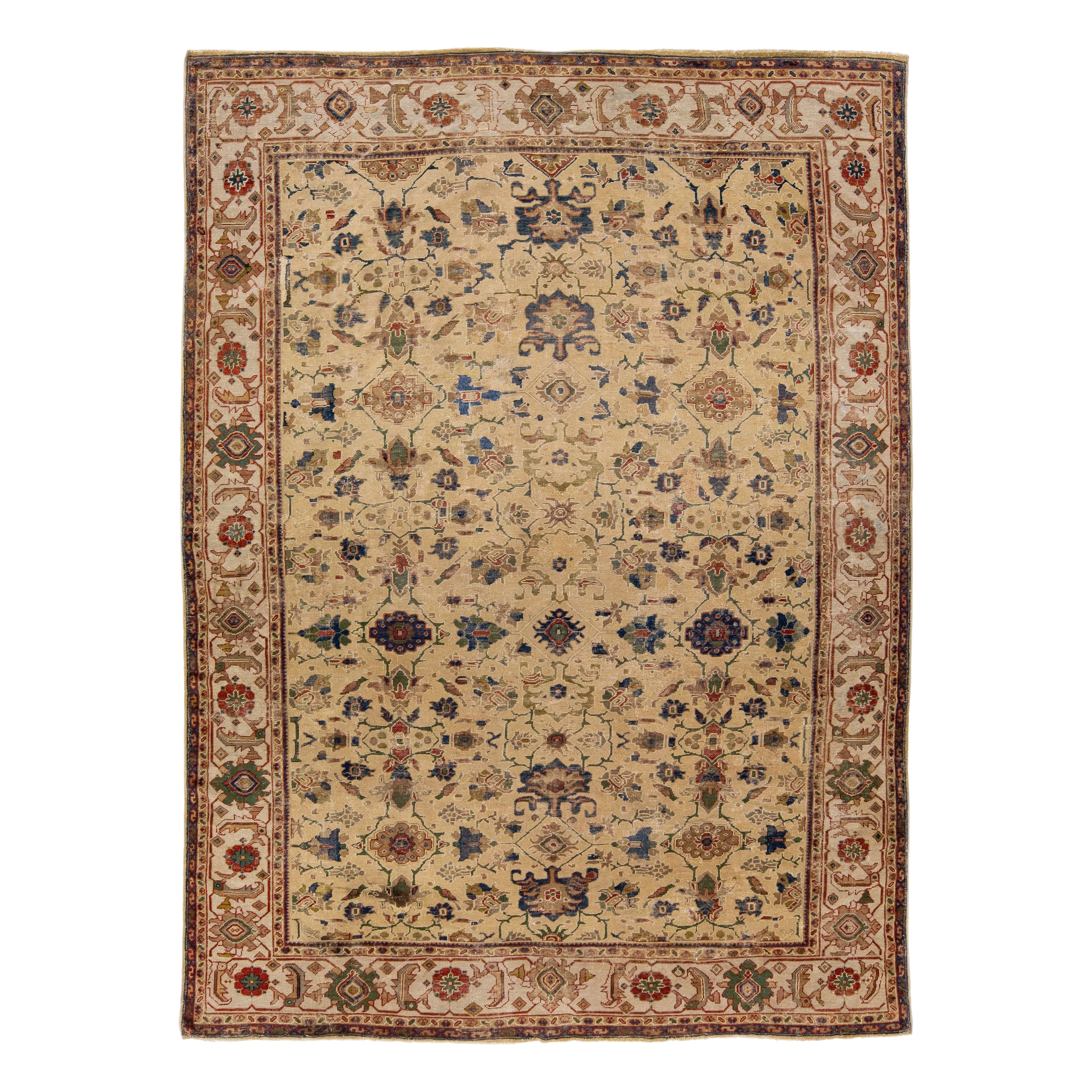 Antique Sultanabad Tan Handmade Wool Rug with Allover Pattern For Sale
