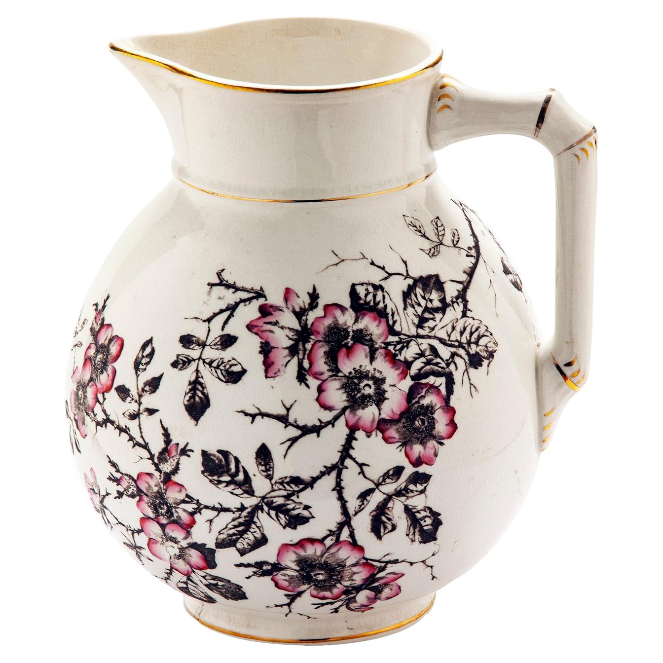 Ironstone Pitcher with Pink Roses on Brown Branches