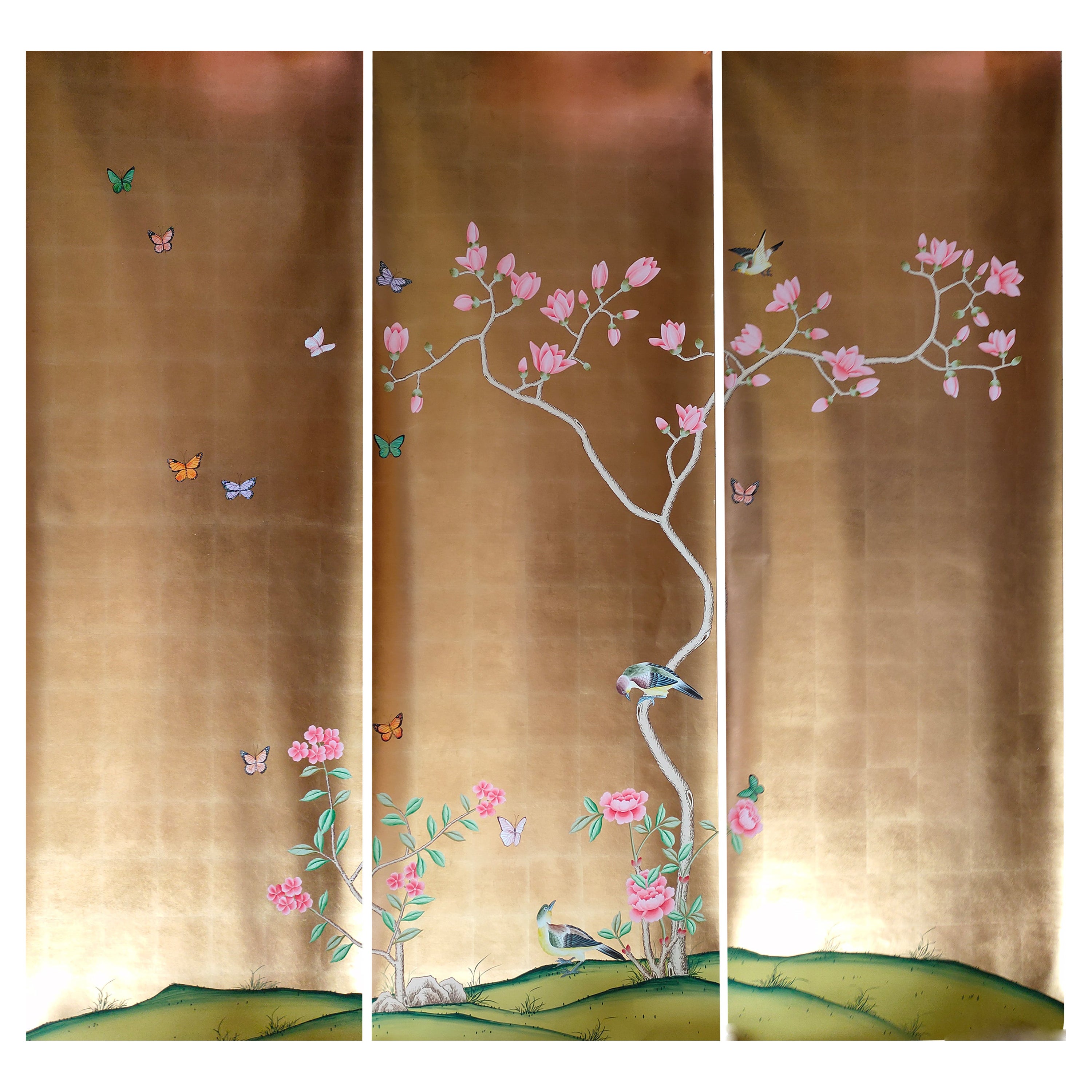 Magnolia Chinoiserie Panels Hand Painted Wallpaper on Gold Metallic For Sale