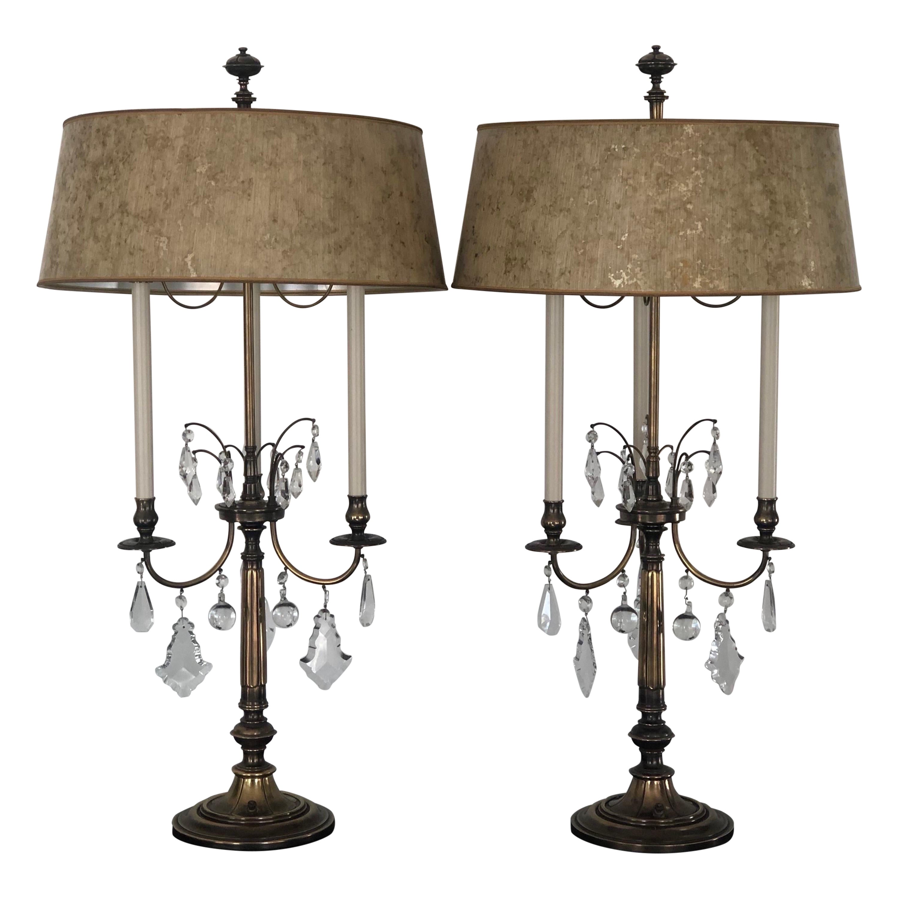 Pair of Stiffel Large Brass and Crystal Bouillotte Table Lamps For Sale
