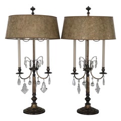 Pair of Stiffel Large Brass and Crystal Bouillotte Table Lamps