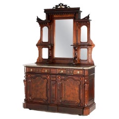 Antique Renaissance Revival Carved Burl, Walnut, Mirror & Marble Sideboard C1880