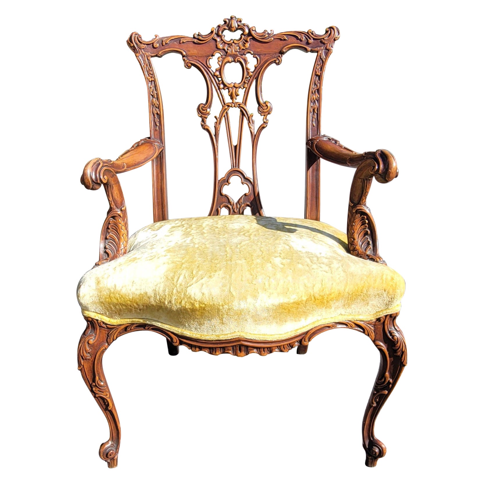 Late 19th Century Highly Carved Mahogany Chippendale Rococo Upholstered Fauteuil For Sale