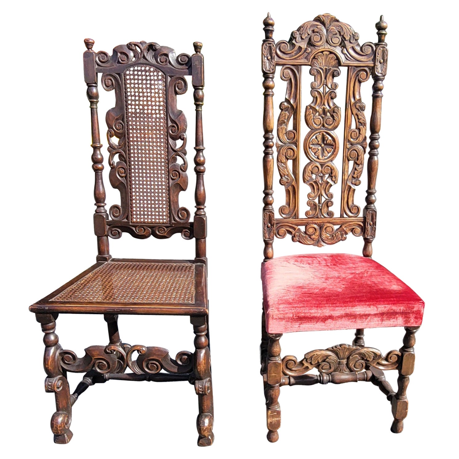  Paar handgeschnitzte William & Mary-Stühle mit hoher Rückenlehne von Paine Furniture aus dem 19. Jahrhundert 