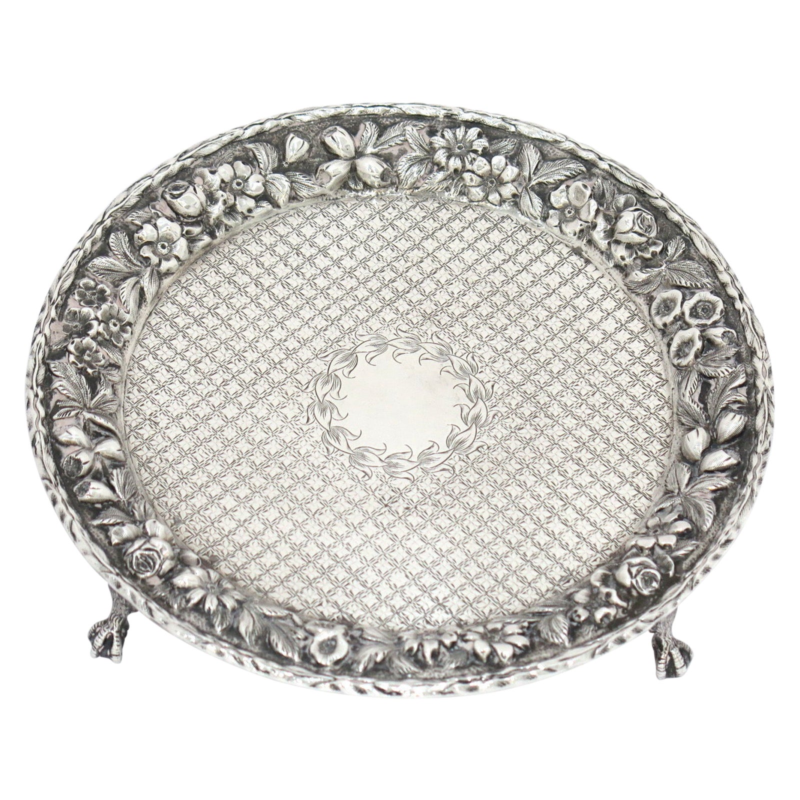 16" Sterling Silver Baltimore Sterling Silver 'Stieff' Antique Repousse Platter For Sale at 1stDibs