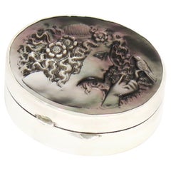 1.75" Sterling Silver Mother of Pearl Retro English Girl w/ Bird Oval Pill Box