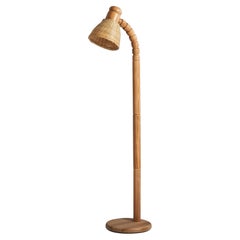 Solbackens Svarveri, Floor Lamp, Solid Pine, Rattan, Sweden, 1970s