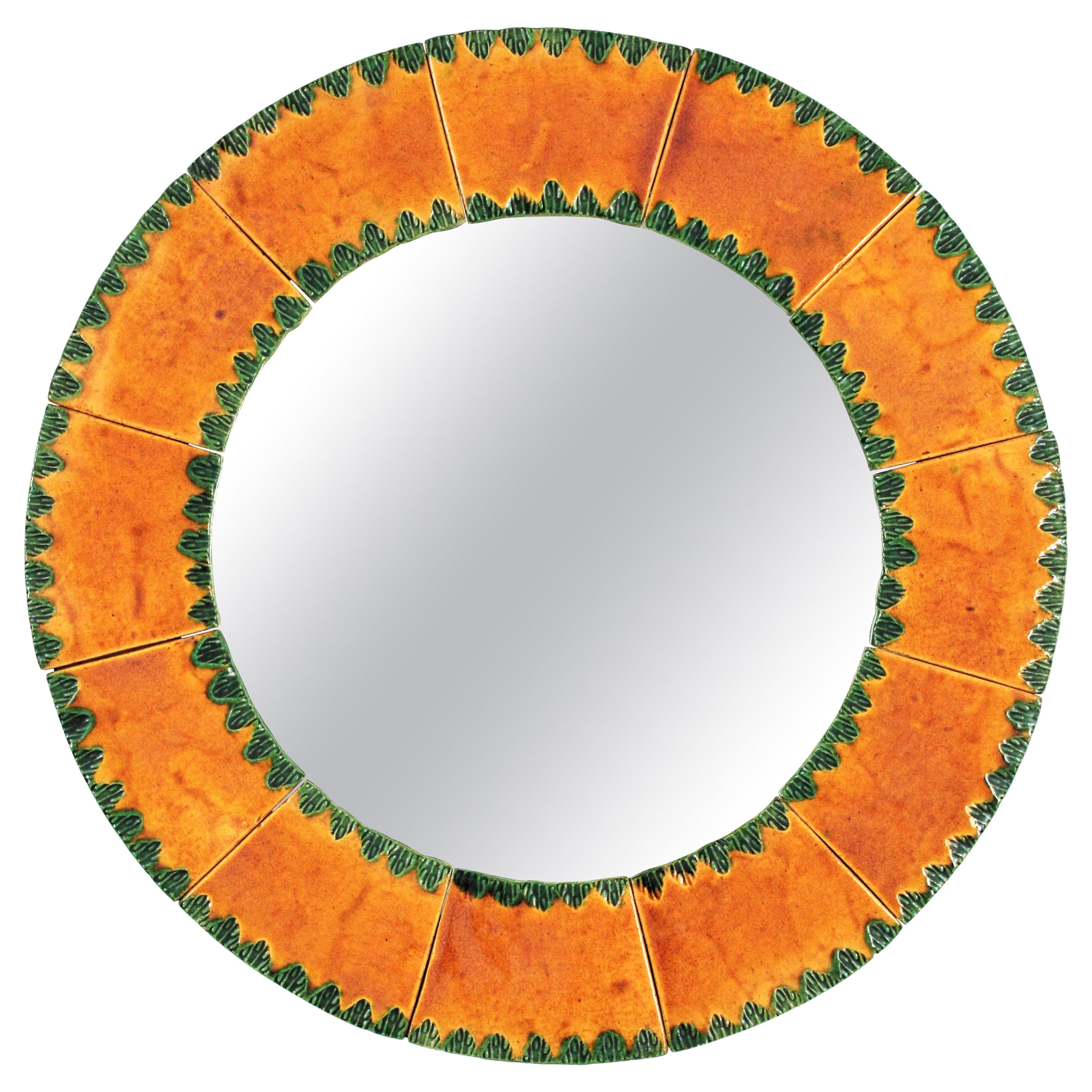 Vallauris François Lembo Style Ceramic Round Mirror in Orange and Green