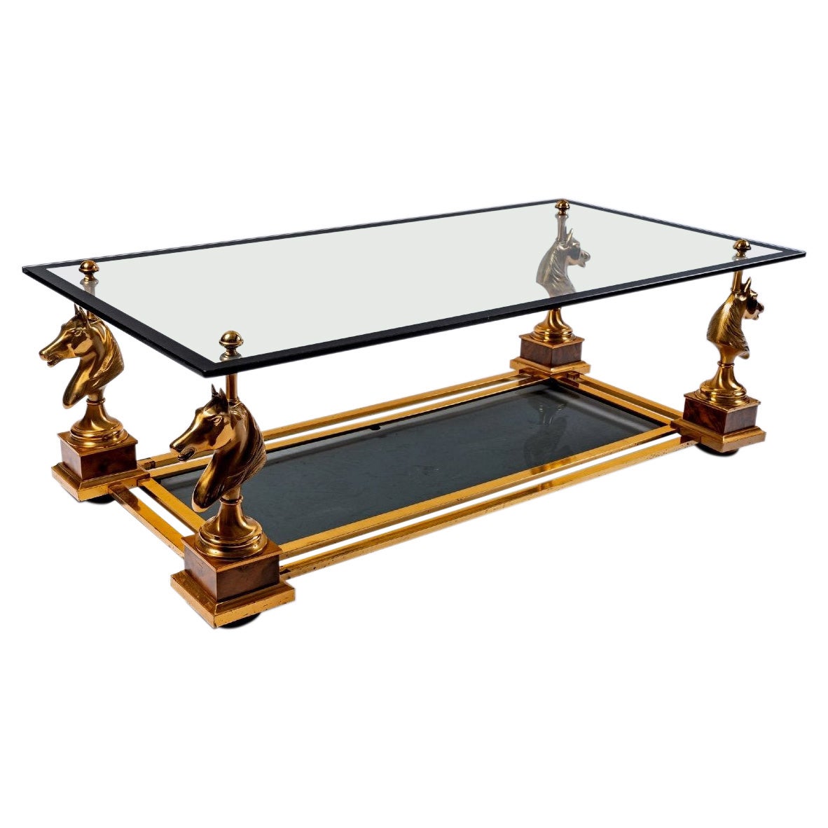 Glass and Gilt Bronze Cheval Coffee Table, Maison Charles, 20th Century