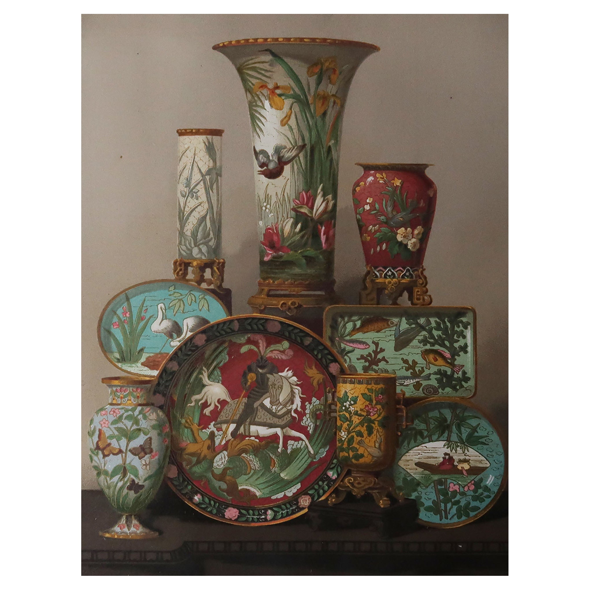 Impression originale et ancienne d'émaux cloisonnés japonais, datée de 1876