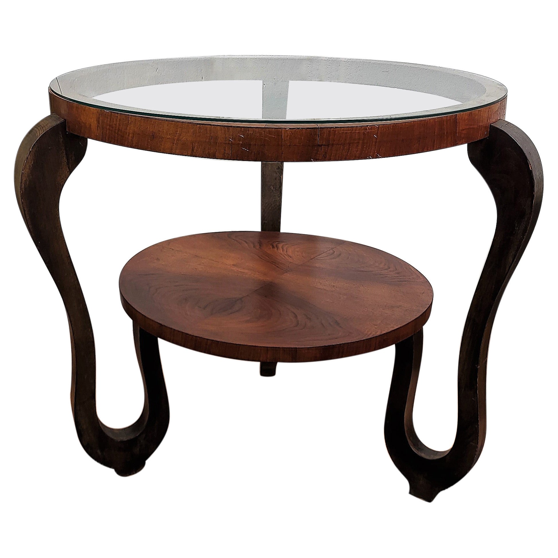 Table basse ronde italienne Art Déco en ronce de bois et verre des années 1940
