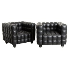 Pair of 'Kubus' Black Leather Armchairs in the Manner of Josef Hoffmann, c.1970
