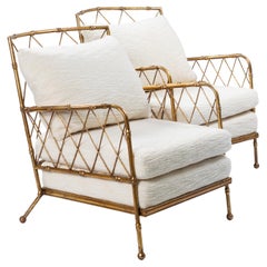 Pair of French Midcentruy Gilt Iron Faux Bamboo Armchairs Offwhite Bouclé, 1980s