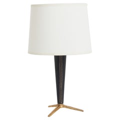 Mid-Century Black Leather and Brass Table Lamp