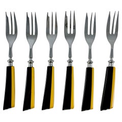 Vintage 1930s Bakelite Handled Yellow & Black Art Deco Oyster or Pastry Forks, S/6