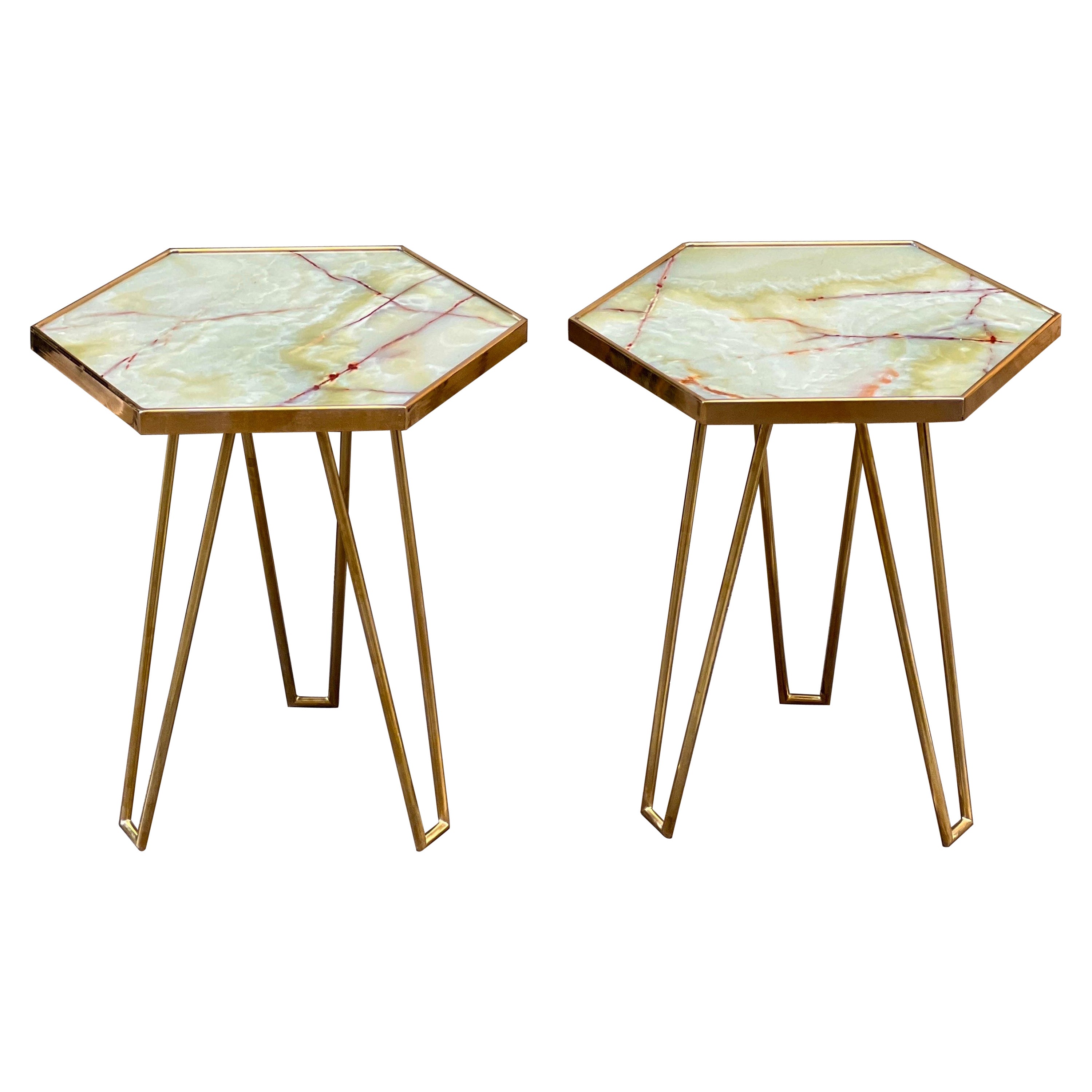 Pair of Vintage Italian Jade Green Onyx and Brass Tables, 1980