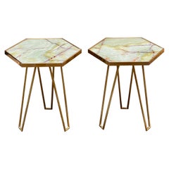 Paire de tables italiennes vintage en jade vert, onyx et laiton, 1980