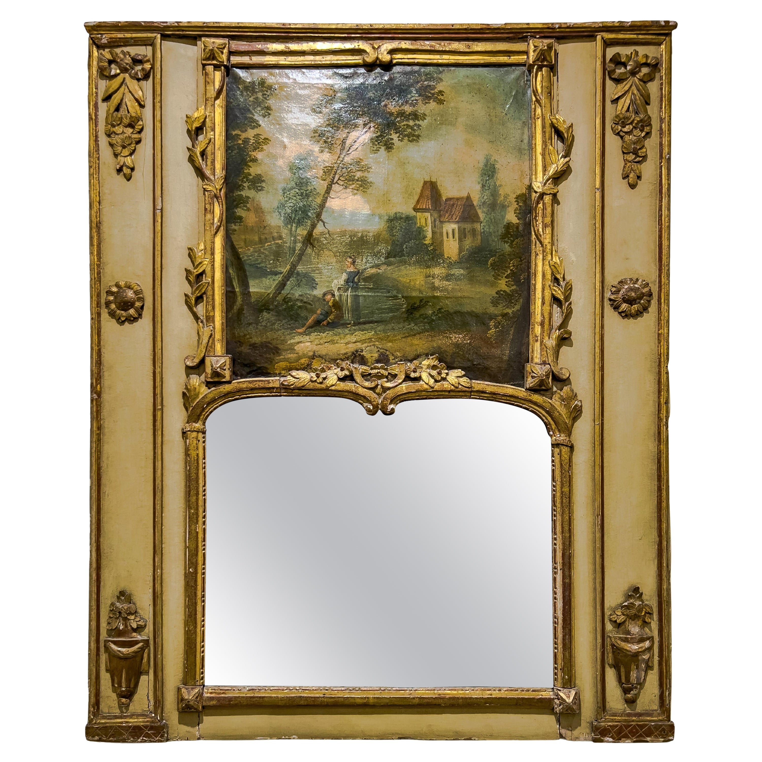 19th Century Louis XVI Style Trumeau Mirror with Painted Scene For Sale