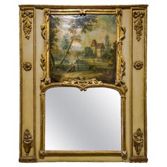 Antique 19th Century Louis XVI Style Trumeau Mirror with Painted Scene