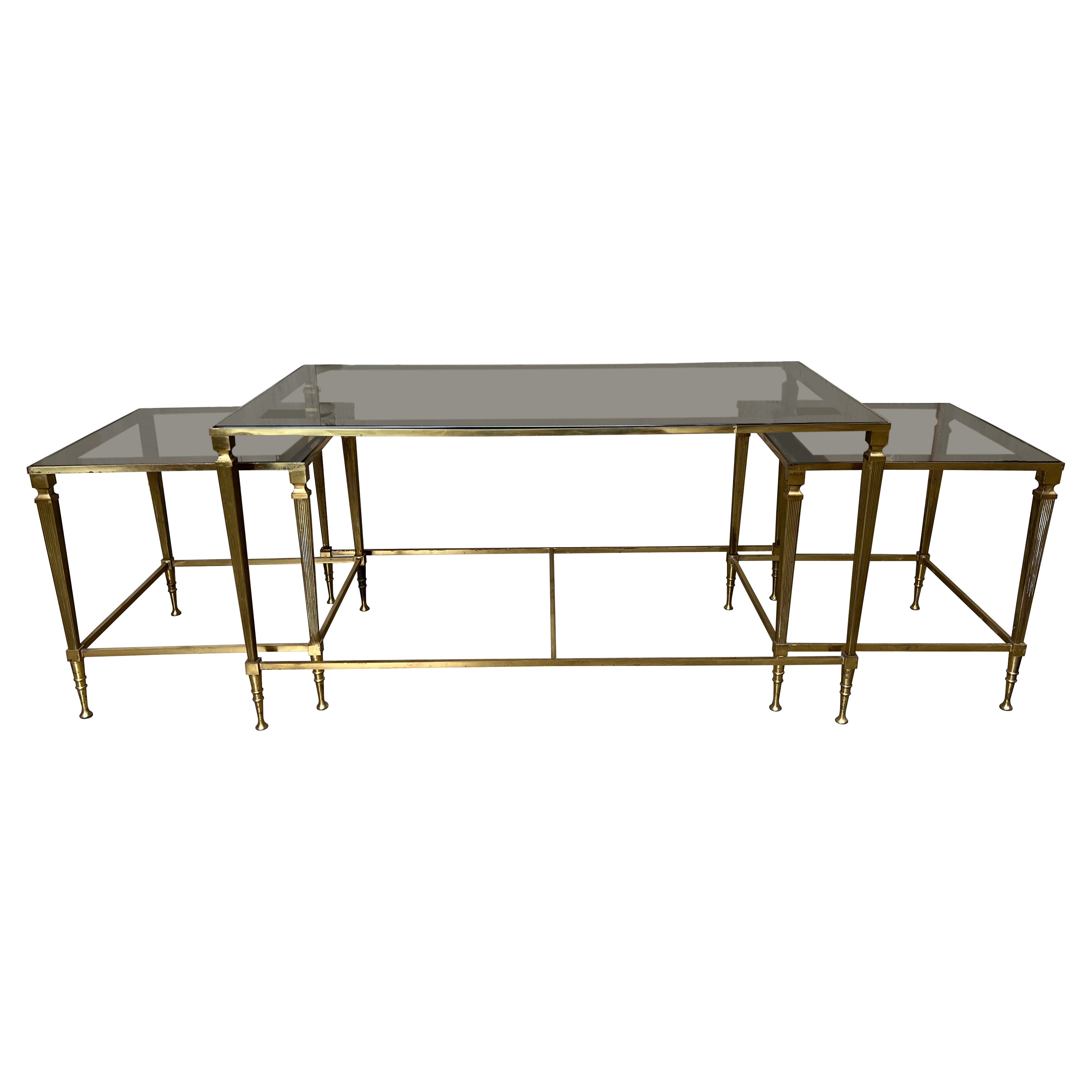 French Louis XVI Style Three Piece Brass and Glass Coffee Table