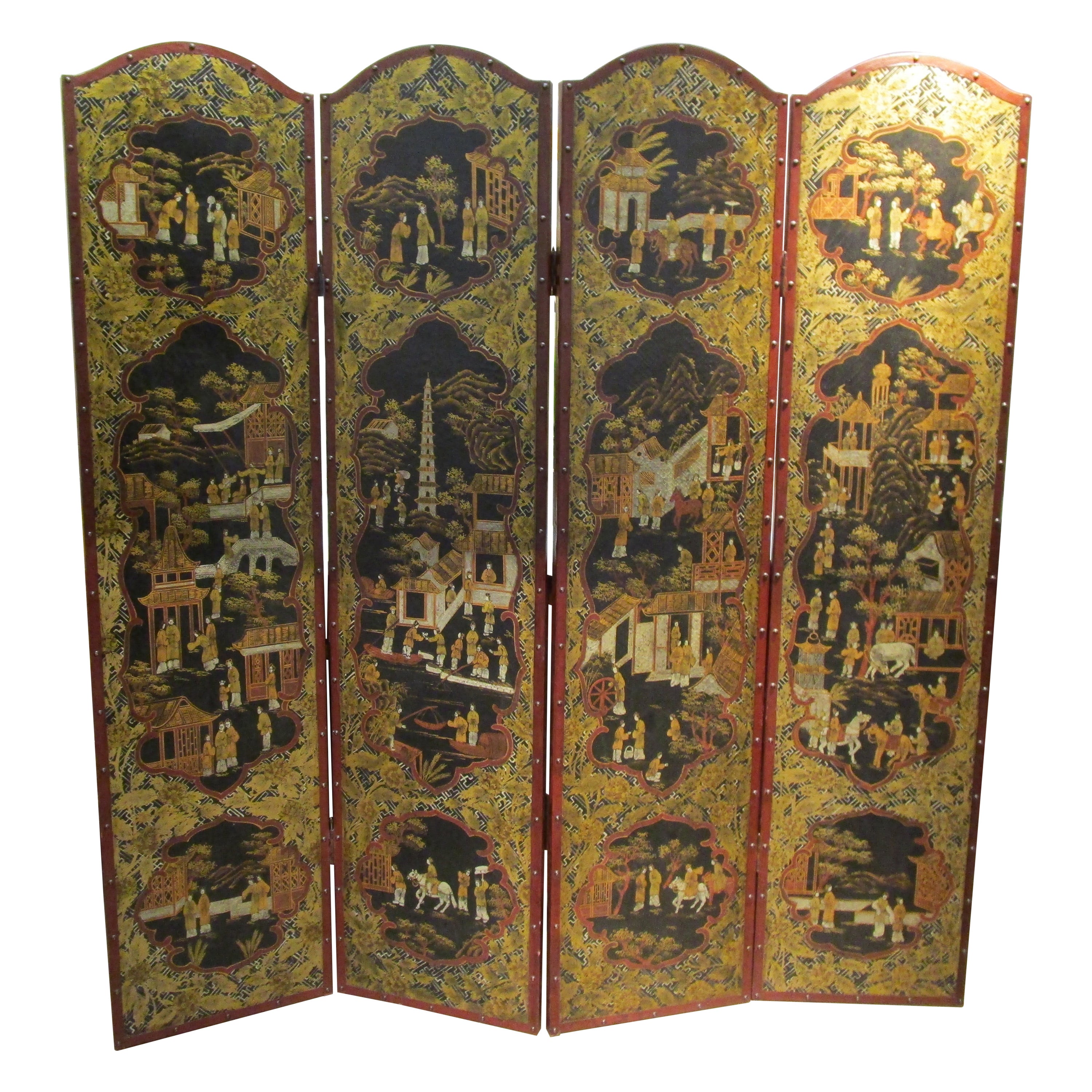 Fine 19th Century Leather Chinoiserie Painted 4 Panel Screen For Sale