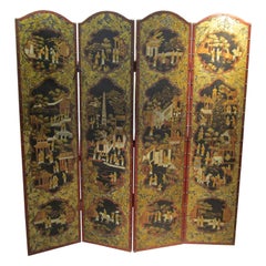 Fine 19th Century Leather Chinoiserie Painted 4 Panel Screen