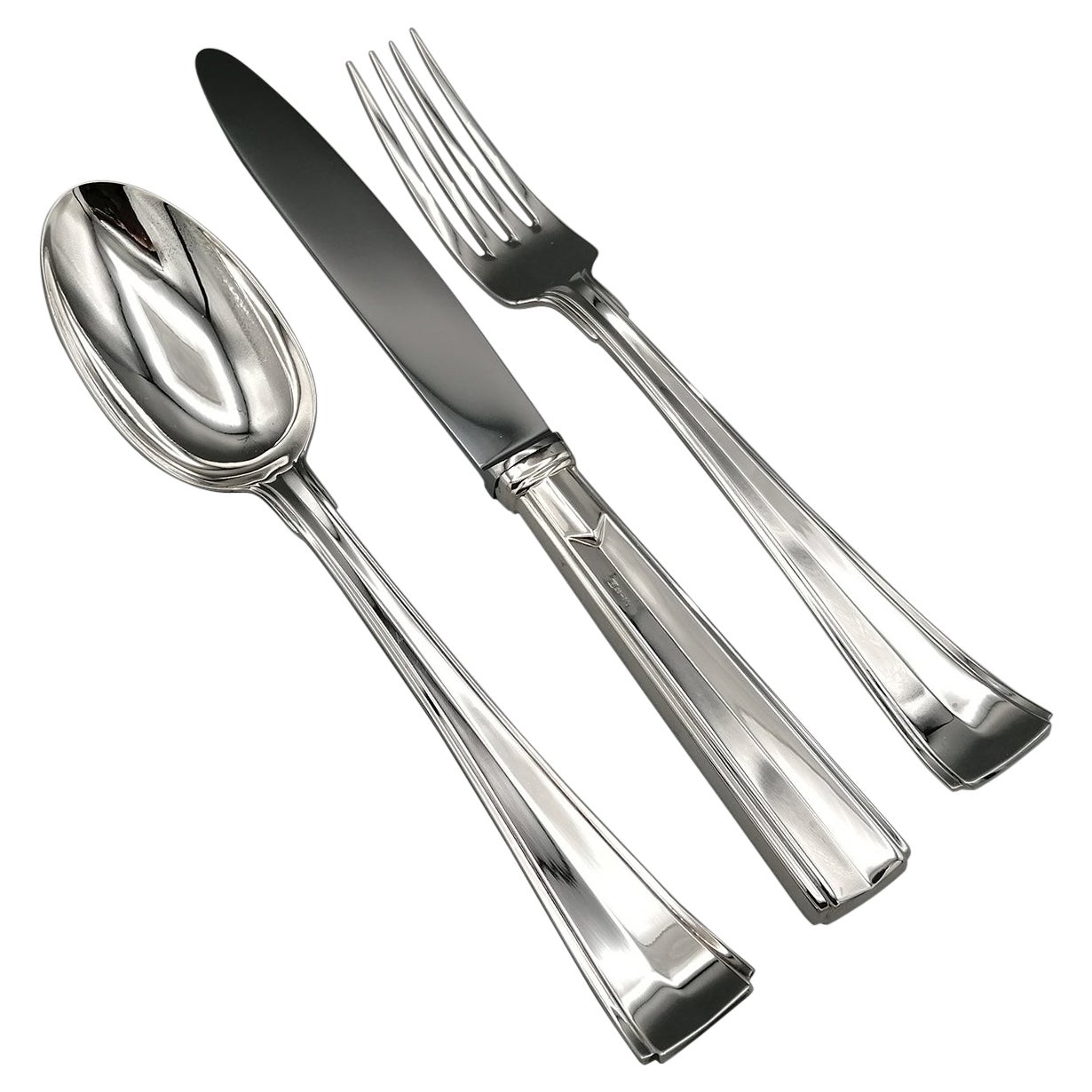 20th Century Italian Solid Silver Cutlery Set 77 Pieces "Art Decò" For Sale