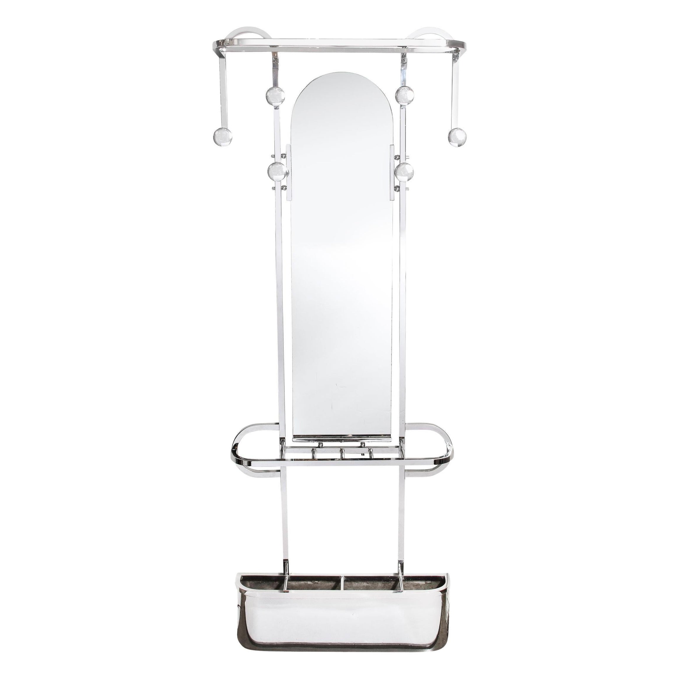French Streamlined Art Deco Polished Chrome Coat/Umbrella Rack W/ Arched Mirror For Sale