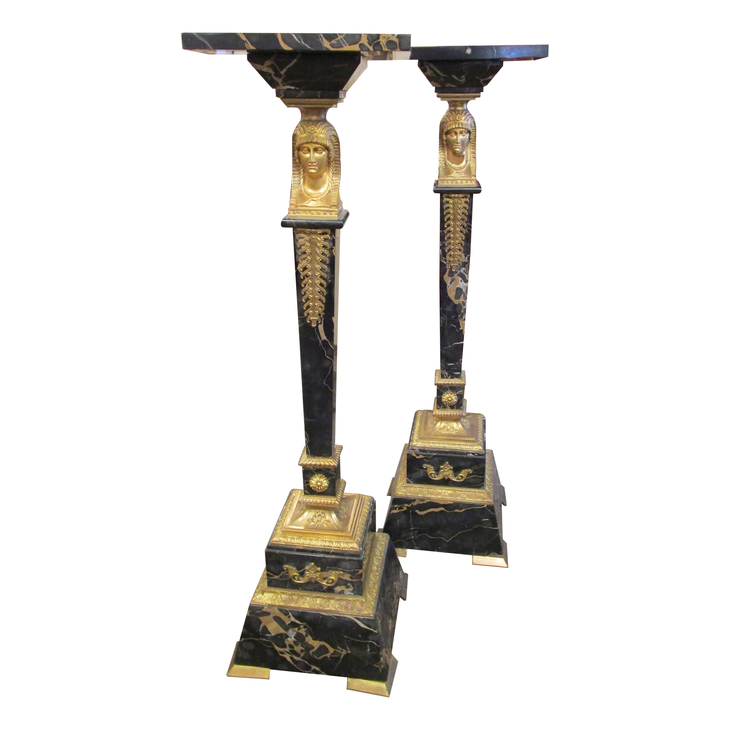 Fine Pair of 19th Century Empire Marble and Gilt Bronze Pedestals For Sale