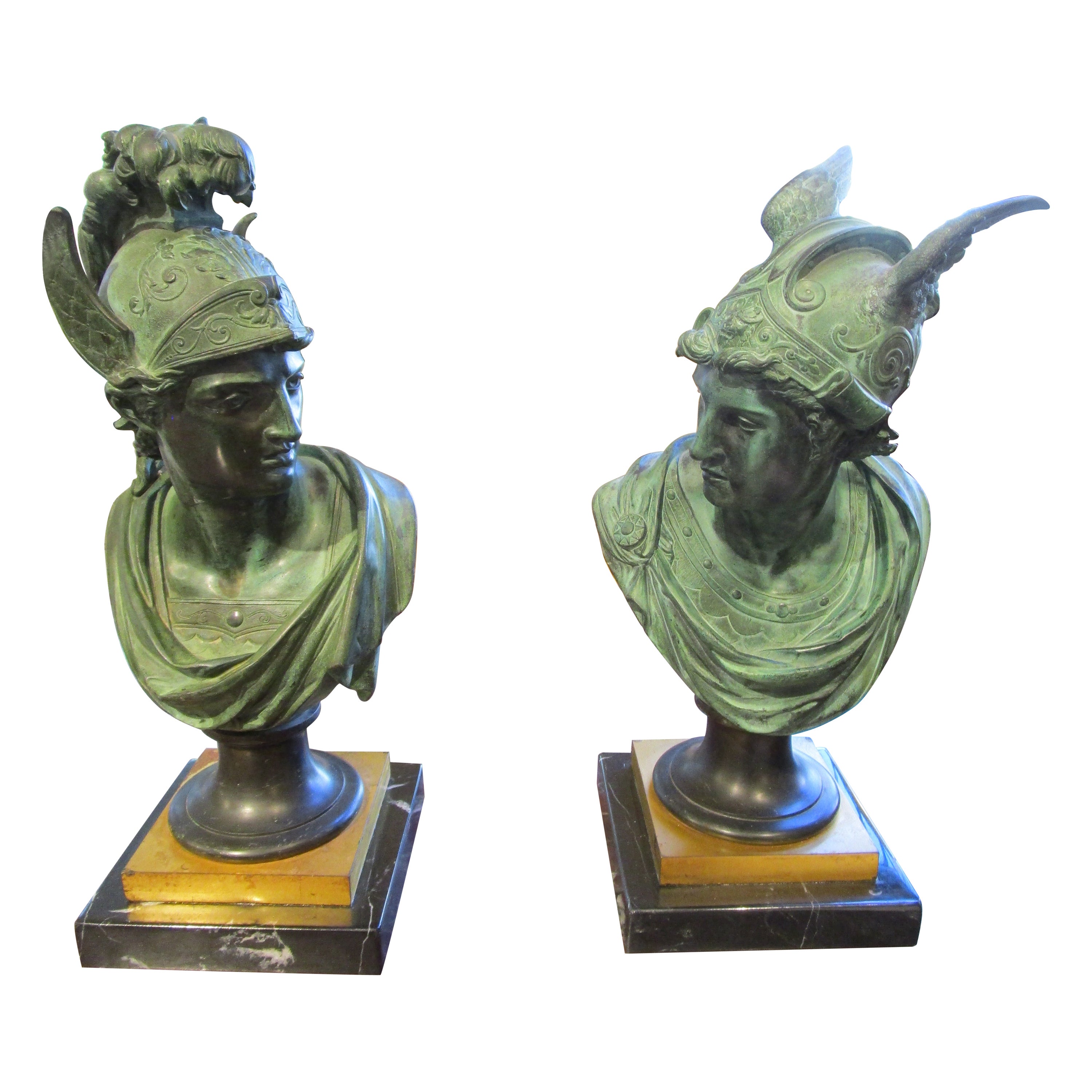 Beautiful Pair of 19th Century Bronze Busts of Apollo and Mercury on Bases