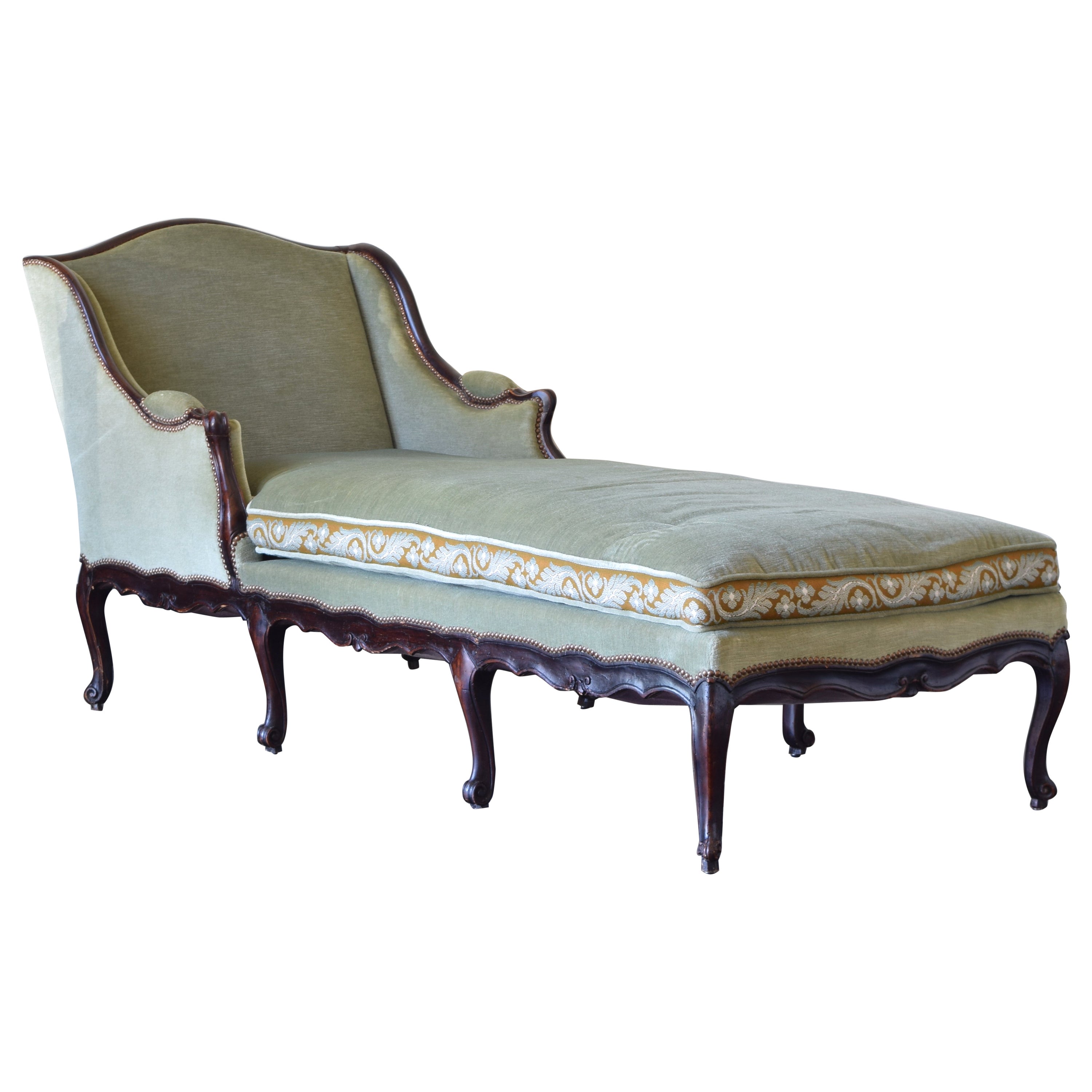 French Louis XV Period Carved Walnut & Upholstered Chaise Lounge, mid 18th cen. For Sale