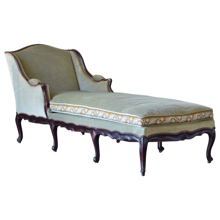 French Louis XV Period Carved Walnut and Upholstered Chaise Lounge, mid