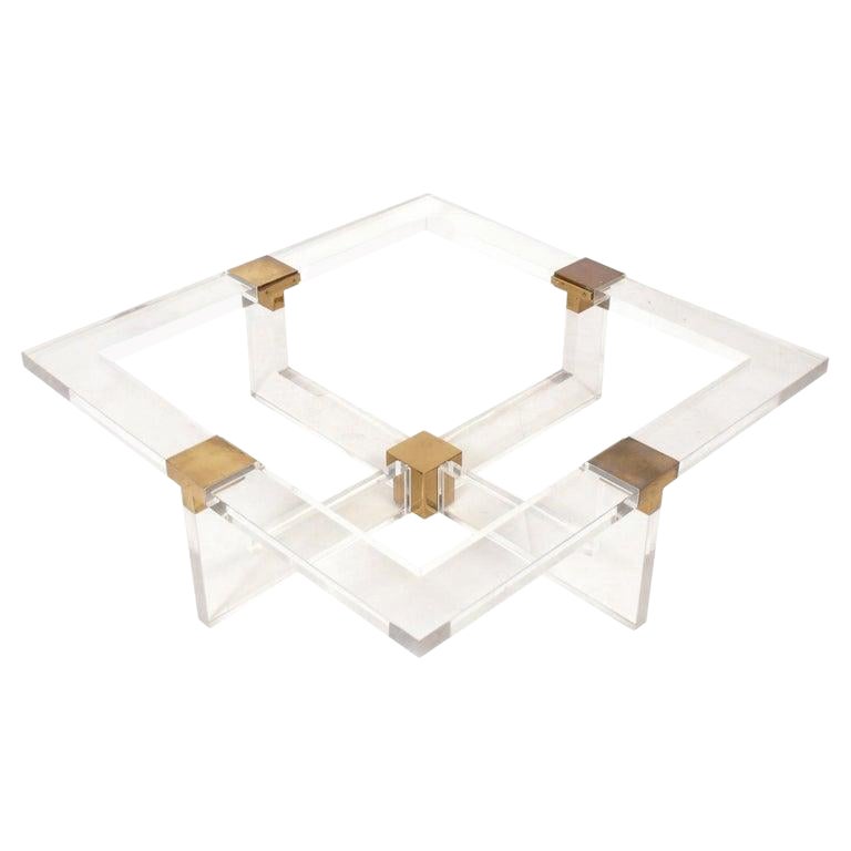 1980's Thick Acrylic and Brass Square Coffee Table from NYC Artist