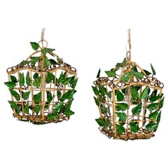 Tole Vine and Leaf Lantern Hanging Pendant Lamps, A Pair