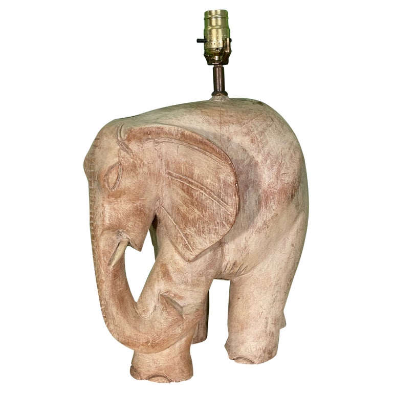 Carved Wood Elephant Table Lamp For Sale at 1stDibs