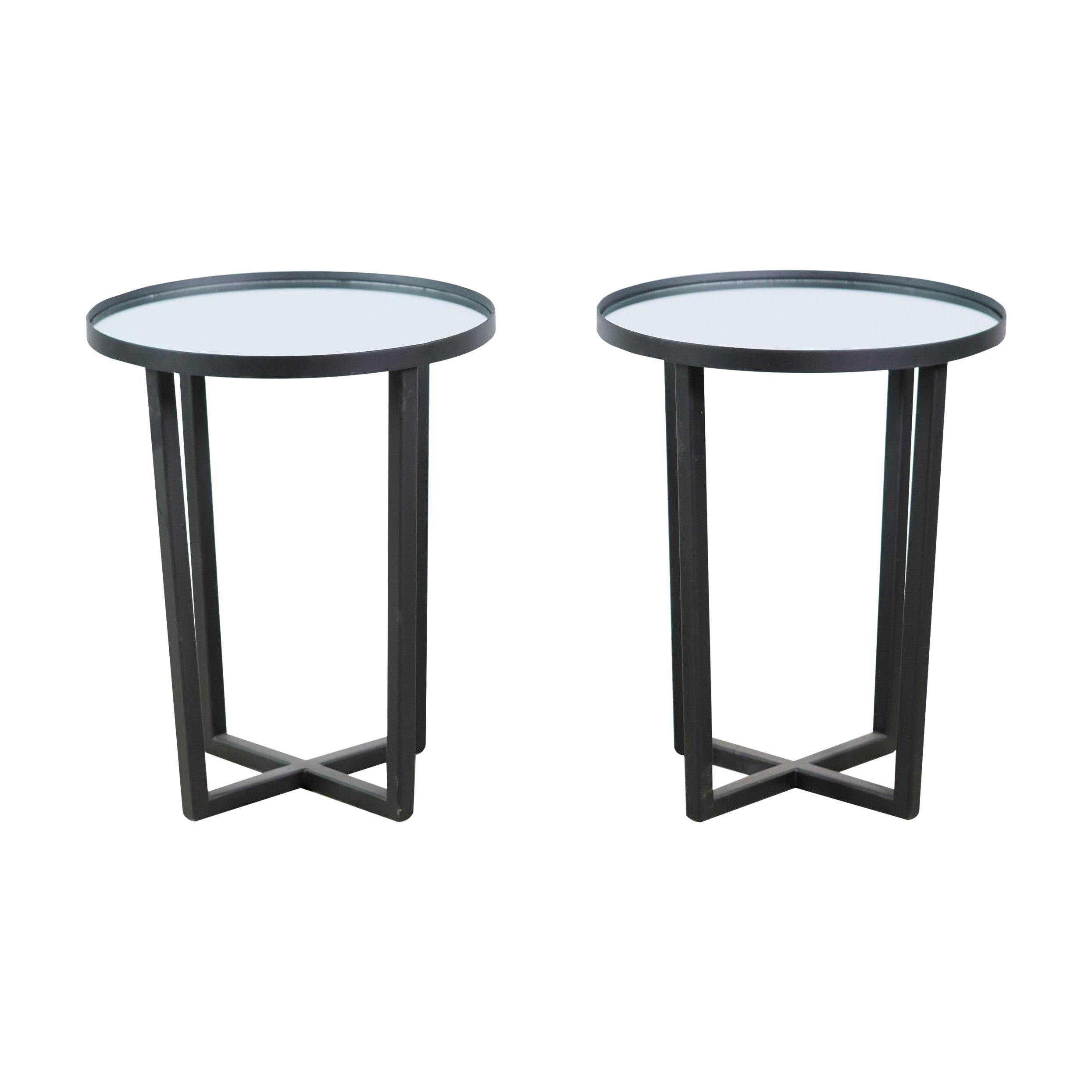 Pair Mid-Century Modern Steel Round Tables Mirror Tops