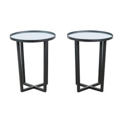 Pair Mid-Century Modern Steel Round Tables Mirror Tops