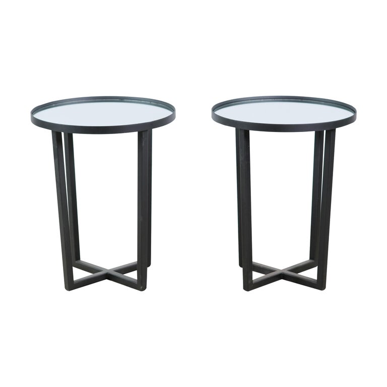 Pair MidCentury Modern Steel Round Tables Mirror Tops For Sale at 1stDibs