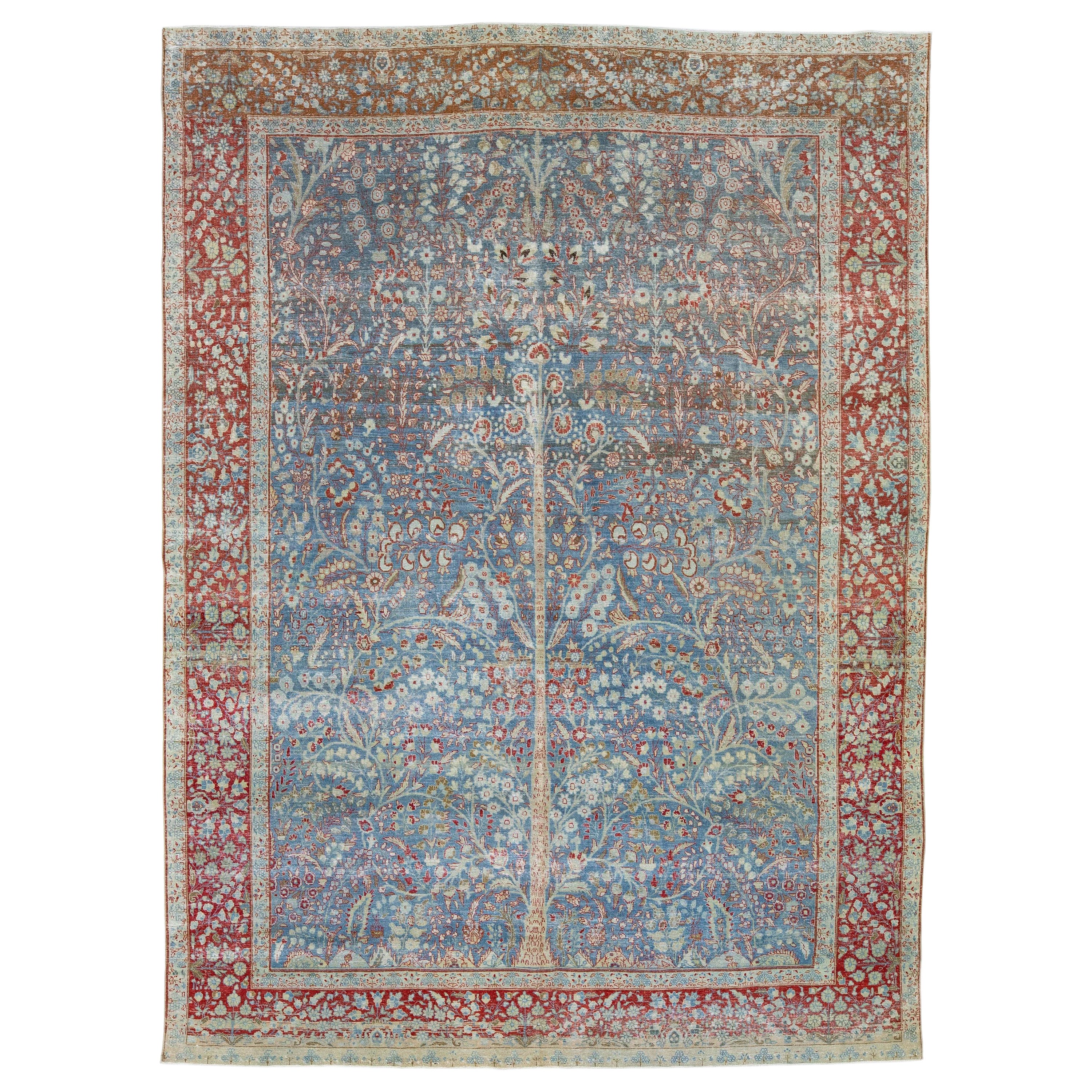 Antique Persian Tabriz Handmade Blue Wool Rug with Shah Abbasi Design