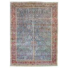 Vintage Persian Tabriz Handmade Blue Wool Rug with Shah Abbasi Design