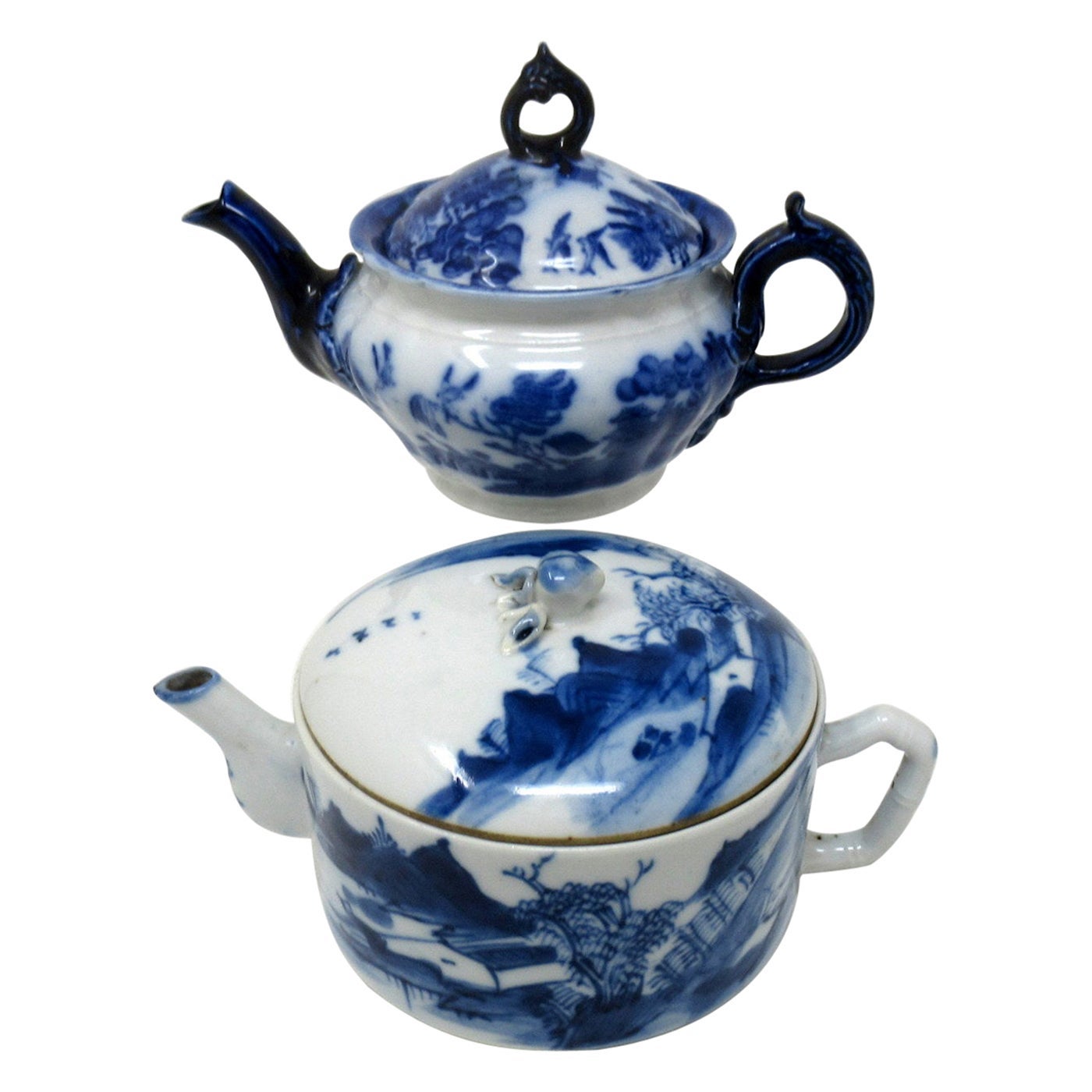 Antique Chinese Blue White Qing Dynasty and English Flo Blue Victorian Teapot For Sale