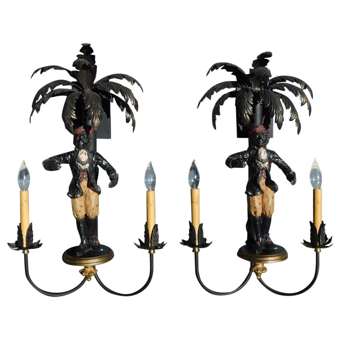 Pair of Italian Cold Painted Tin & Iron Figurative Monkey Wall Sconces, 20th C For Sale
