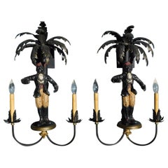 Pair of Italian Cold Painted Tin & Iron Figurative Monkey Wall Sconces, 20th C