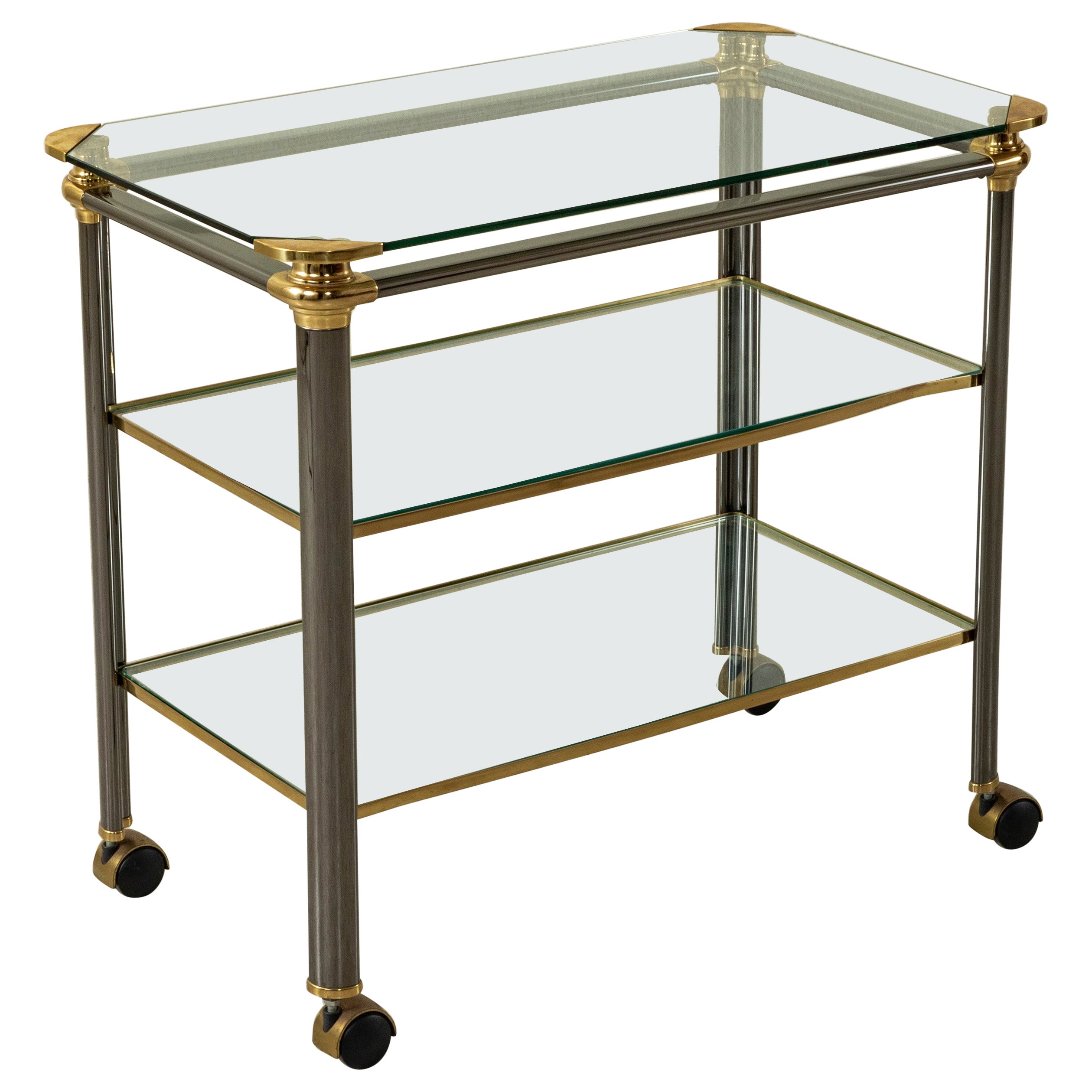 20th Century French Three Tiered Brass, Chrome, and Glass Bar Cart For Sale