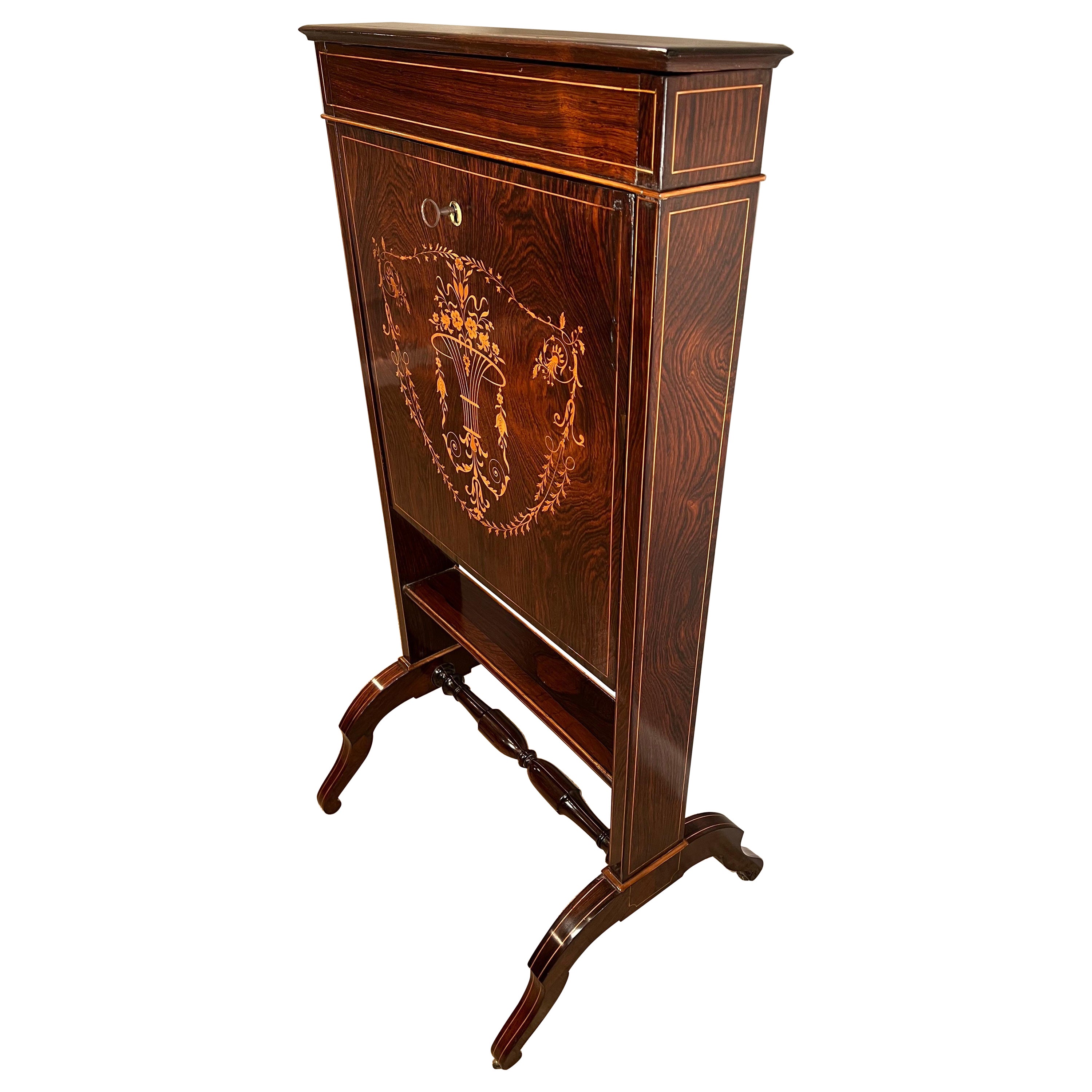 Napoleon III French Travel Fall Front Desk in Rosewood and Boxwood Veneer 1860s