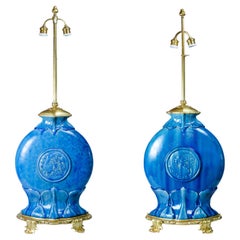 Pair of "Blue Glaze" Lamps Made by Theodore Deck