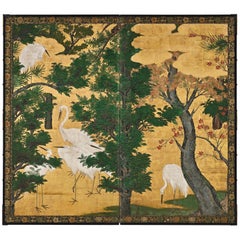 17th Century, Japanese Screen. Herons & Maple Trees, Kyoto Kano School