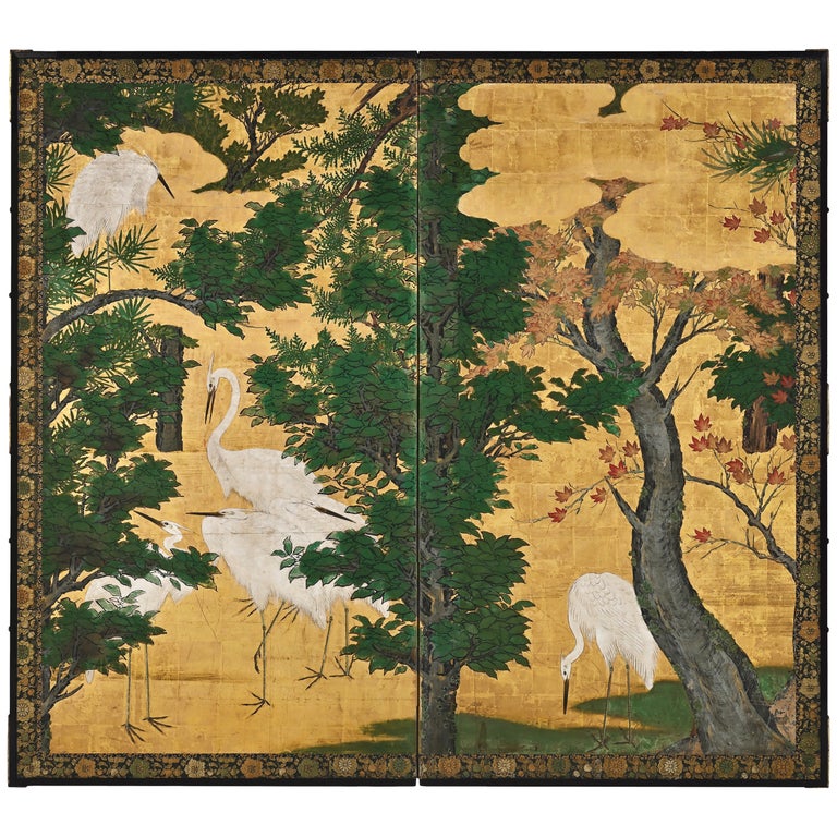 Kano's Tree 17th Century, Japanese Screen. Herons and Maple Trees, Kyoto Kano ...